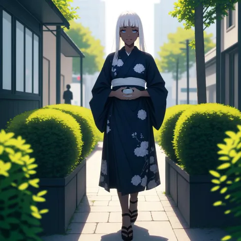(masterpiece, best quality, highest quality, raytracing, HDR, full body:1.4)
BREAK Monet, wearing an intricate kimono, standing next to a glass tower in the city, trees, holding a handbag, zouri
BREAK (dark skin, dark-skinned female with blue eyes, long hair, white hair with blunt bangs:1.4)