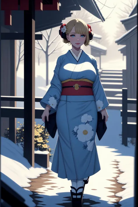 (masterpiece, highest quality, best quality, UHD, HDR, raytracing, 8k, 1girl, solo:1.4)
BREAK (full body:1.4) shot of a woman in a kimono walking on a snowy path through a forest in winter, snow falling
BREAK Japanese village in the distance, stairs, mountain path, torii gates, footprints in the snow
BREAK (blonde hair, blue eyes, massive breasts, updo with blunt bangs, floral hair ornaments:1.4)
BREAK (kimono with intricate patterns, traditional Japanese clothes:1.45), obi, sash, tabi, geta <lora:Victorian Anime Art v 2.0:0.3>