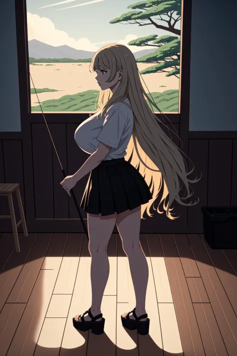 (ukiyo-e painting style, best quality, highest quality, HDR, raytracing, 1girl, solo:1.3)
BREAK (side view, full body shot:1.4) of a girl with (very long blonde hair with split bangs, wavy hair, large breasts:1.4), red lipstick
BREAK holding a bow and arrow, drawing bow \(weapon\), Kyuudou, kai, holding arrow \(projectile\), holding bow \(archery\)
BREAK (standing in an empty grassland, shiny wooden floors, short skirt:1.3) <lora:KyuudouC:1>
