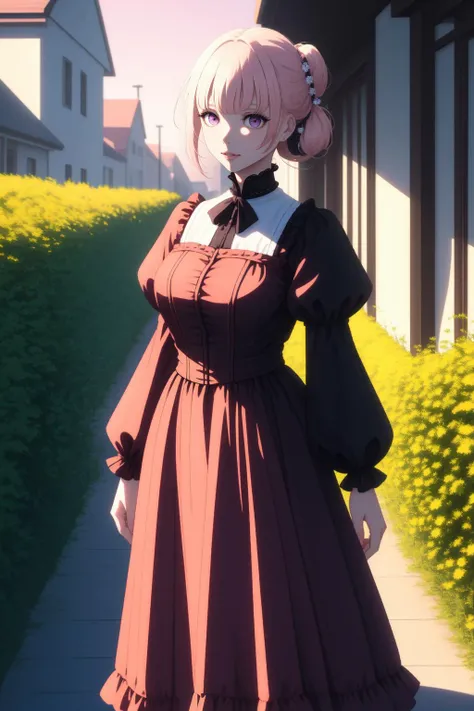 (masterpiece, best quality, highest quality, 8k, raytracing, HDR, UHD:1.4), full body
BREAK Monet, standing next to a clock tower in a village, wearing a Victorian era dress with Mary Janes
BREAK (half updo, light pink hair with blunt bangs, purple eyes:1.4)