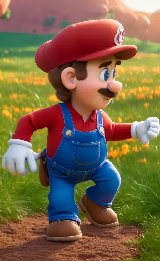 pixar style, mario bross, smile, smiling, excited, field, natural skin texture, big eyes, walking, looking to the side, looking at the ground , white gloves , fat
4k textures, hdr, intricate, highly detailed, sharp focus, cinematic look, hyper detailed, in mario bross clothing, sunset lighting , front lighting , moustache