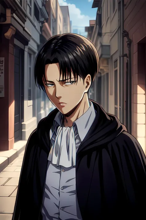 levi1 a man, depth of field, (upper body:1.2), looking at the viewer, black robe, at the streets, <lora:httplevi:1:lbw=FACES>