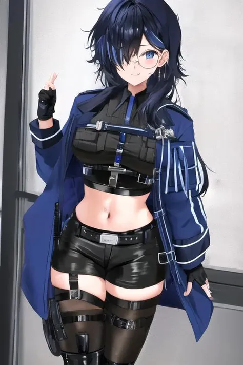 yuu, 1girl, black gloves, (rounded glasses),monocle, black hair, black legwear, breasts, cowboy shot, black crop top, fingerless gloves, gloves, ((hair over one eye)), jacket, leg belt, long sleeves, looking at viewer, midriff, mole, navel, open clothes, shirt, ((solo)), (tattoo), thigh strap, thighhighs, blue streaked hair, boots, high heel boots, high heels, <lora:YUU-PC-V2:1>