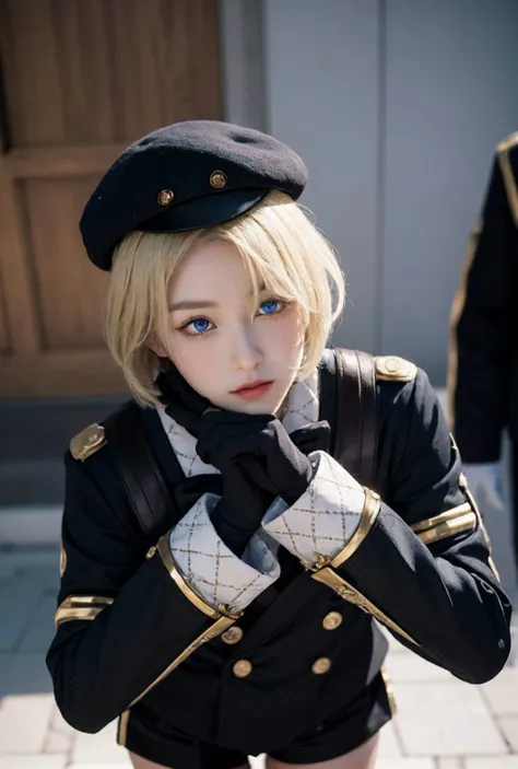 masterpiece, best quality, <lora:furemine:1>, furemine, 1girl, male focus, beret, hat, blonde hair, short hair, blue eyes, hair over one eye, gloves, long sleeves, bow, shirt, black shorts,