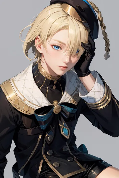 masterpiece, best quality,<lora:furemine:1>,furemine,1boy,male focus,beret,hat,blonde hair,short hair,blue eyes, hair over one eye,gloves,long sleeves, bow,shirt, black shorts, grey background,