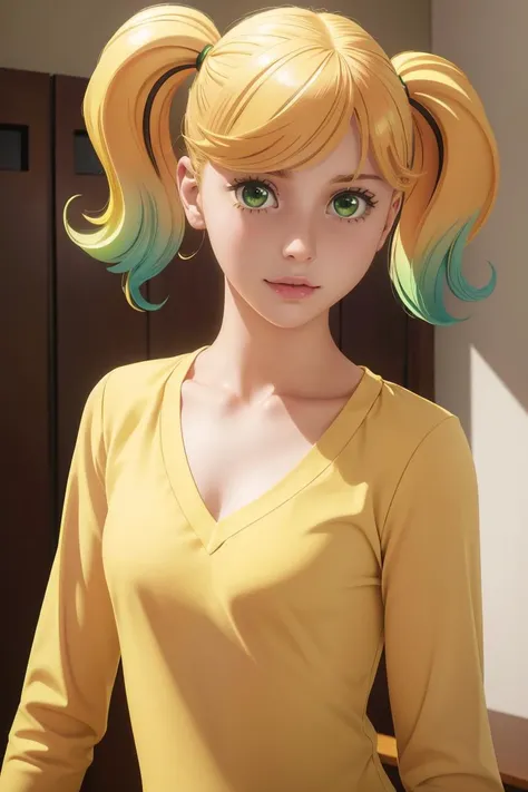 professional photo of 1girl, blonde hair, green hair, multicolored hair, green eyes, flat chest, twin tails, slim body, medium shot, yellow shirt,
detailed skin, detailed eyes, volumetric light, highrez, masterpiece, best quality,
<lora:sarasa-10:0.4:MIDD>
