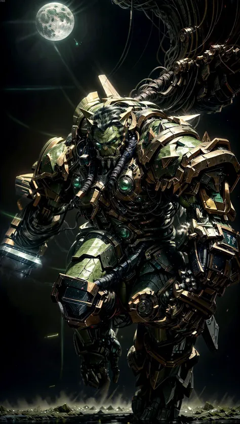 (8k,best quality, masterpiece:1.2),physically-based rendering,tyndall effect,surface reflection,metallic luster,looking at viewer,Eye Level,
<lora:add_detail:1>,((Mecha:1.1)),1boy charging forward, attack, one handed hammer,full body,solo,(glow),armor,planet,space,moon, green skin, tusks, cloth,
<lora:StealthMecha:0.8>, <lora:Thrall:0.8>