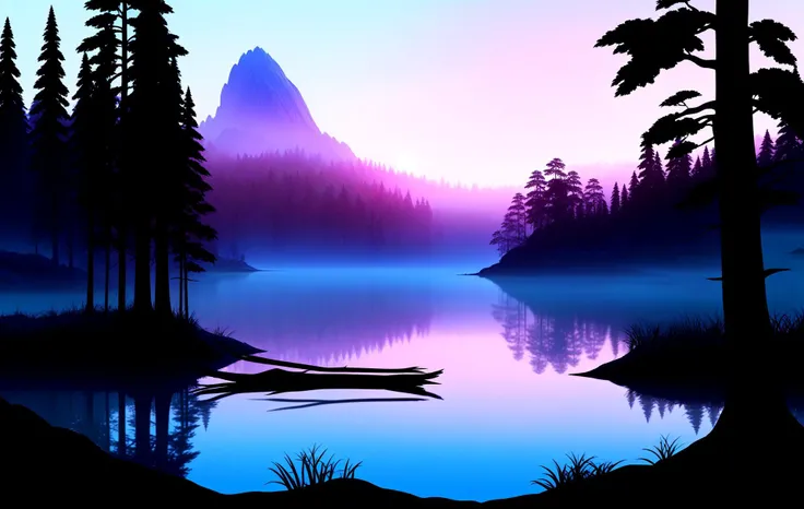 dusk,(a matte painting:1.2),we met a talking beaver who was building a tree fort,branch,scenery,ink,(foggy:1.2),bare tree,lake,nature,petals,tree,(water:1.2),forest,bounce to this,