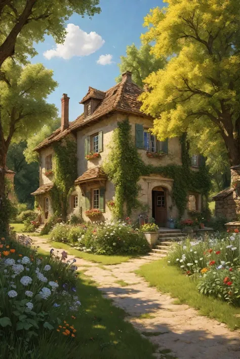 <lora:Retro_Illustration:0.7>, an idyllically tranquil rural scene, the vibrant colors of a sunny day, hyper realistic, volumetric light, an impressive masterpiece, fine details, (masterpiece:1.2), best quality
