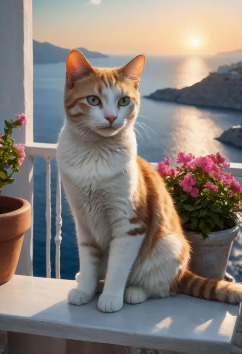 realistic, high definition, natural skin, textured skin,
Greek islands, black cat on a balcony,
potted flowers, recliner, table with drinks,
ocean in background, watercraft, sunset,