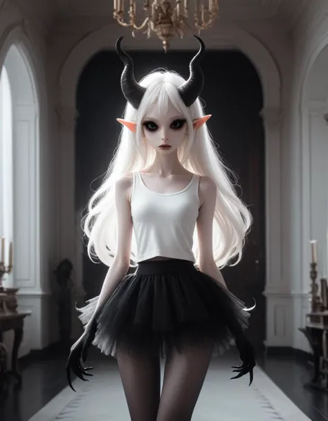 walking through a decadent mansion , a very pale white skin demon girl with black horns, (pitch black eyes:1),( wearing white tank sweater and black tutu:1.2) , ( black gradient arms and legs:1.2) , white hair , well lit , very skinny, <lora:Wb1:.8>
<lora:slim-000009:.5>