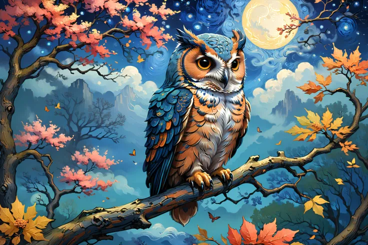 Contemplate the impermanence of existence amidst ever-changing cosmos, Embrace the unity of consciousness and the material world, Seek harmony in the chaos of nature's dance, depicted in the style of Vincent van Gogh, blended with the digital artistry of Beeple. In the foreground, a serene owl perches on an ancient oak tree. The color palette is dominated by shades of indigo and coral, set against a backdrop of a tranquil Japanese Zen garden during autumn. The background color is a soft, misty grey, creating an atmosphere of introspective calm and timeless wisdom. <lora:xl_more_art-full_v1:1>, (masterpiece:1.2), best quality, colorful, (intricate details, hyperdetailed, highest detailed:1.2), high resolution textures, <lora:EnvyBetterHiresFixXL01:1>