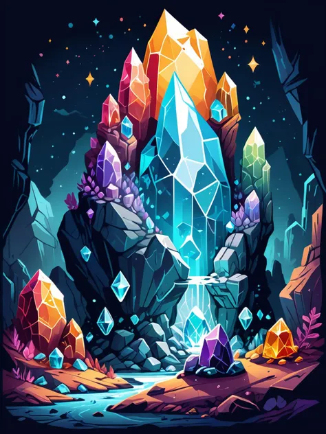2D two-colour illustration, aged and tattered, pop icon art style, the cave of crystals, fantastical place where gemstones and crystals grow in abundance Intergalactic, alienation, impossible,vibrant colors, <lora:xl_more_art-full_v1:0.8>