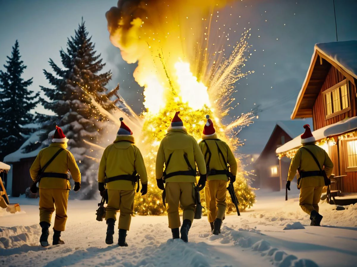 cinematic film still Mistletoe Mercenaries, yellow team is on the move to capture santa's workshop on the north pole, guns blazing, (mistletoe:1.4) hat, <lora:Explosion Artstyle - Trigger is Explosion Artstyle:1> Explosion Artstyle, shallow depth of field, vignette, highly detailed, high budget Hollywood film, bokeh, cinemascope, moody, epic, gorgeous, film grain