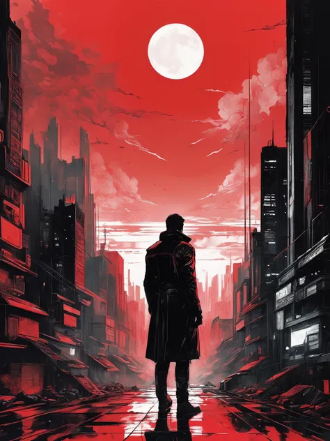 red sky white sun, frame still from the Blade Runner, black ink flow, two tone masterpiece by Agnes Cecile, concept art, intricately detailed, complex,