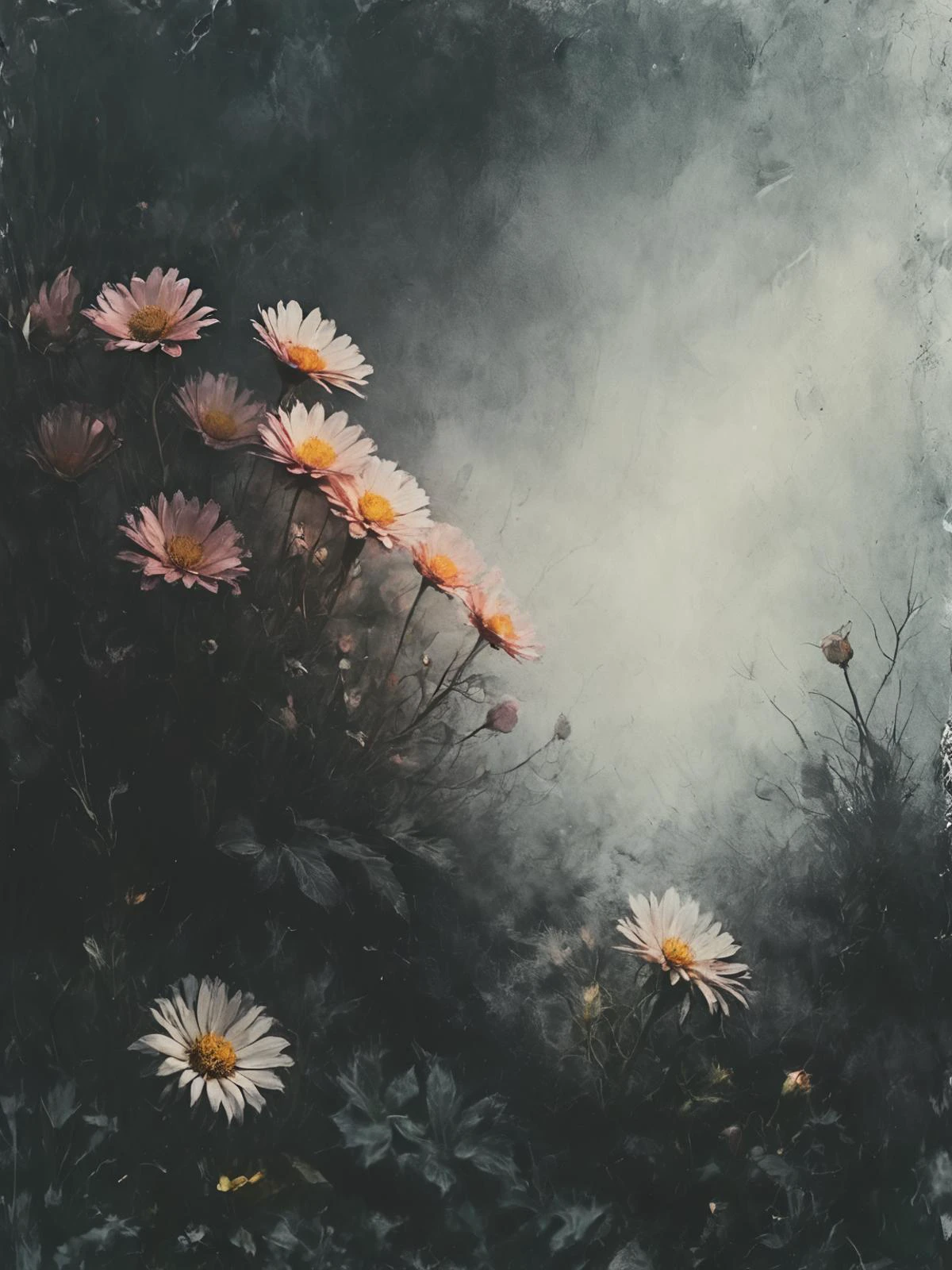 the language of flowers, pyjamas, a secret passageway, photolab, lightroom, cozy, slate gray atmosphere, soft cinematic light, <lora:Desolation:1>