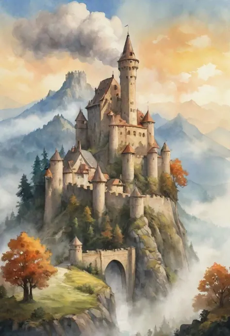 <lora:Retro_Illustration:1> 2d game scene, oil and watercolor painting, scenery, mediaeval castle, big tower in the middle, steam, fog, mountain, tree forest in the background, (masterpiece:1.2), best quality