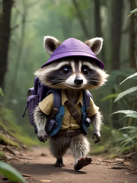 the adventurous raccoon, donned a tiny explorer's hat and carried a mini backpack, walk in wild colorfully jungle, detailed fur, oversaturated, by Jean-Baptiste Monge, Gilles Beloeil, Tyler Edlin, Marek Okon, Pixar, 8k, album art, comic style, golden ratio, perfect composition, a masterpiece, trending on artstation, purple fur, extreme close up, shoot from below