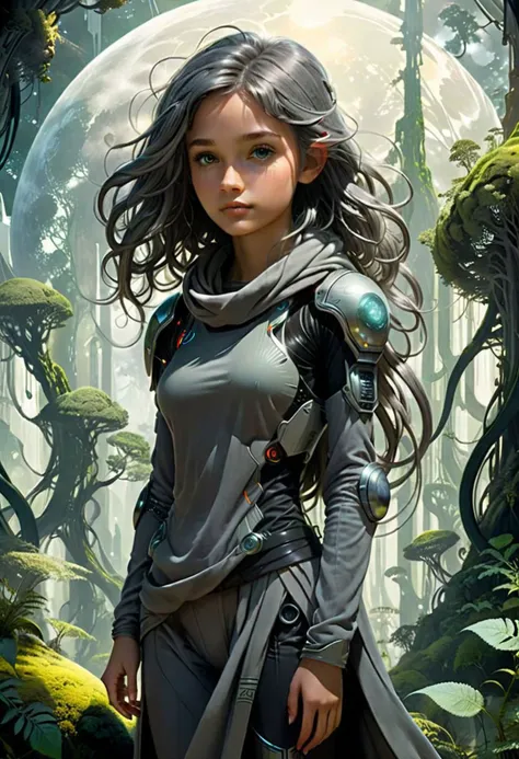 ral-trichom,In a shadowy sci-fi fantasy world, bathed in the ethereal light of a subdued midday sun, a cute girl stands on a planet adorned with a forest of hair-like protrusions that blanket the terrain. Her attire is a harmonious blend of dark ancient fantasy and sleek, futuristic science fiction, with her grey clothes gently swaying in the breeze that whispers through the fibrous landscape. The filtered sunlight casts a spectrum of muted highlights and deep, enigmatic shadows around her. Architectural wonders in the background, crafted to mimic the fibrous forms, rise boldly against the darkened blue sky, accompanied by orbs that drift silently, adding a touch of intrigue to this dramatic, softly illuminated scene.
Hide
ANIMERGE - V2.5
TRICHOM STYLE [SDXL] - SDXL