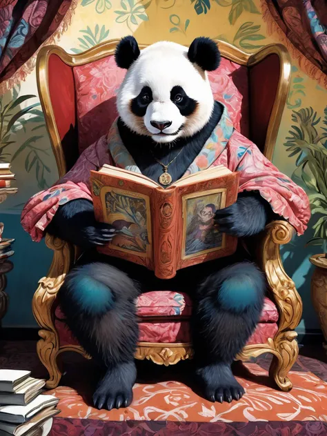 a illustration of a joyful panda sitting in the old massive chair, table, read a book, dressed in 18th century clothing, (art by Dave Gibbons:1.4), fairy tale illustration, a fine art painting, detailed fluffy fur, magical deep shadows, closeup