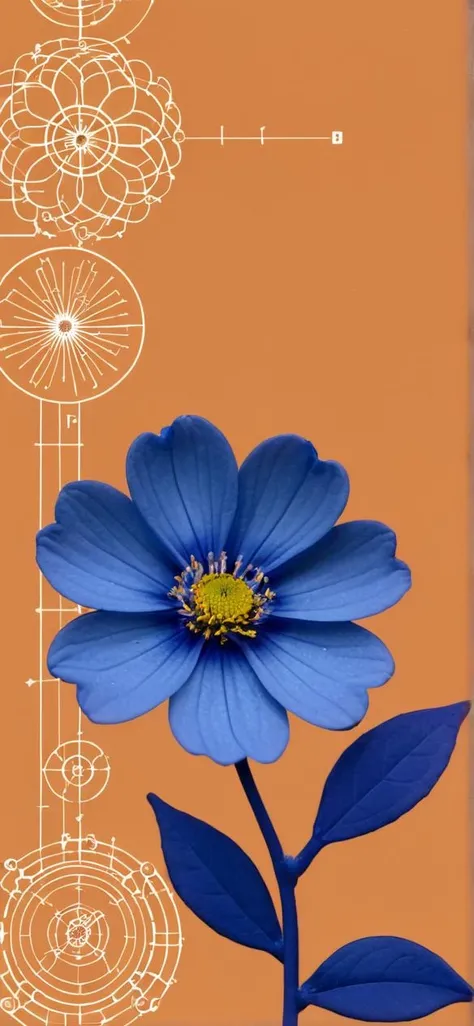 muted orange background, blue flower in lower right, detailed mathematical glyph geometry