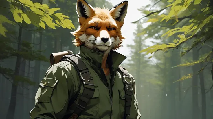 <lora:Yoji_v2:1>, masculine anthro fox, viking, axes, posing, grey and green tones, shinkawa youji, bandana, green and gold, sneaking suit, (dark background:1.4), metal gear, cinematic, eyepatch <lora:add_detail:1>, geometric, military equipment, Viking, male, 1boy, photorealistic, high definition, sunlight, green eyes, green clothes, gold trim, cinematic lighting, forested background, epic pose, looking upward, fox in background, bearded, looking behind the viewer, toned, muscular, one model, nordic tattoos, sleeve tattoo, brown head hair, red beard, single model, masculine, anthro fox, slender, black fur, white accents