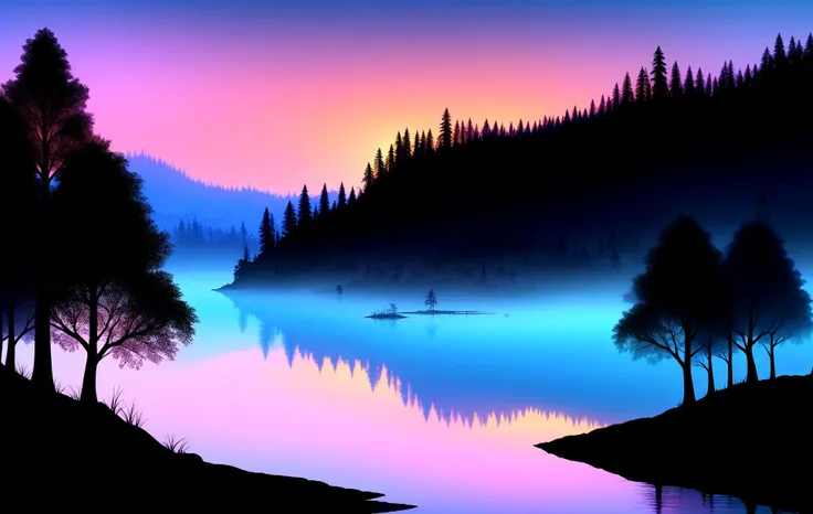 dusk,(a matte painting:1.2),we met a talking beaver who was building a tree fort,branch,scenery,ink,(foggy:1.2),bare tree,lake,nature,petals,tree,(water:1.2),forest,bounce to this,