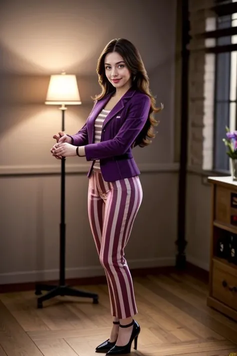 ((Masterpiece, best quality, cinematic lighting, 8k, full body shot, long hair, hour glass body)), (smile:0.85), (realistic background:1.2)
<lora:Striped_Office_Dress_By_Stable_Yogi:1>
violet striped jacket, pants, high heels