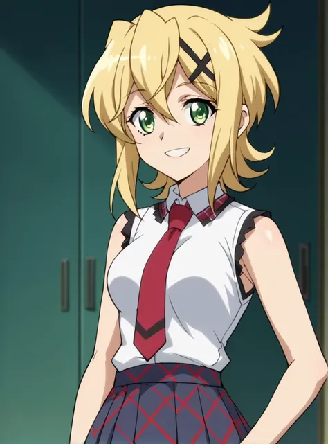 , score_9, score_8_up, score_7_up, score_6_up, score_5_up, score_4_up, BREAK source_anime, masterpiece , anime screencap, <lora:Akatsuki_Kirika:0.8>akatsuki kirika, blonde hair, 1girl, solo, green eyes, looking at viewer, medium breasts school uniform, pleated skirt, white_shirt, red necktie smile v, sleeveless,