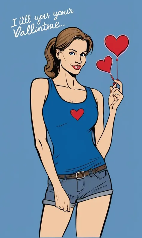 valentine card, simple background, cartoon, Jill Valentine, re4, text reads "I'll be your Valentine", hearts, cartoon, blue tank top,