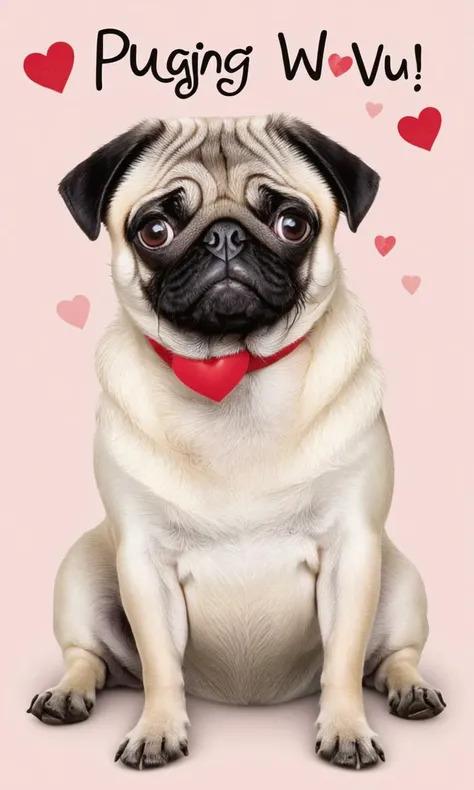 valentine card, simple background, cute pug, text reads "I pugging WUV you!", hearts,