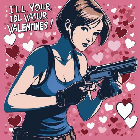 valentines cards, simple pink background, Jill Valentine, re4, text reads "I'll be your Valentine", hearts, blue tank top, resident evil 4, holding gun