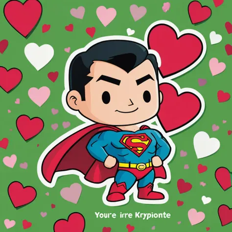 text logo, text reads "You're Kryptonite", valentines cards, simple background, Chibi superman, green love hearts