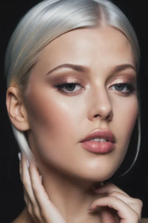 face shot of lgr, (serious look), (platinum hair), (hand on chin), Photorealistic, Hyperrealistic, Hyperdetailed, analog style, hip cocked, demure, detailed skin, matte skin, soft lighting, subsurface scattering, realistic, heavy shadow, masterpiece, best quality, ultra realistic, 8k, golden ratio, Intricate, High Detail, film photography, soft focus, detailed skin texture, (blush:0.5), (goosebumps:0.5), subsurface scattering,<lyco:LorenGray-RealVision-V1.0:1.0>
