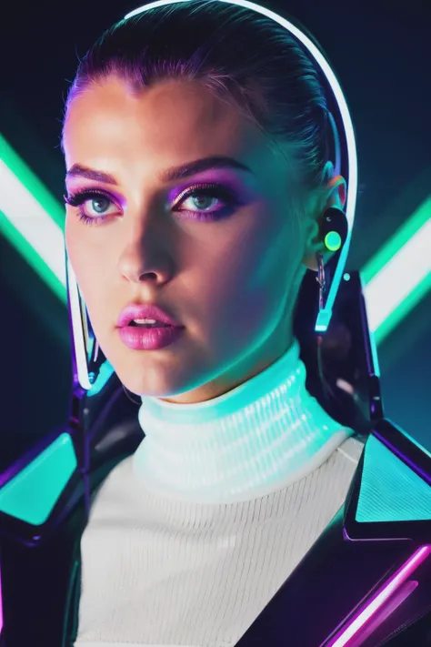 lgr in cyber neon lighting, futurism, intricate futuristic jewelry accessories, cyberpunk glossy white latex turtleneck, hyper photorealistic, crispy quality, digital photography, trending in artstation, trending in pinterest, cinematic, 4 k ultra hd, art by pascal blanche, art by greg rutkowski<lyco:LorenGray-RealVision-V1.0:1.0>
