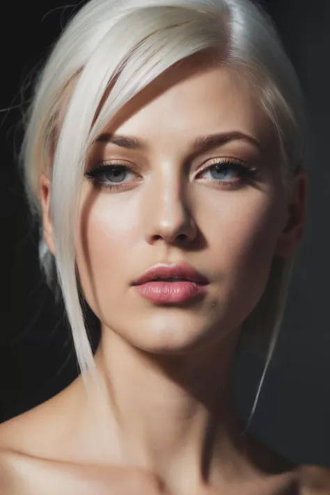 face shot of lgr, (serious look), (platinum hair), (hand on chin), Photorealistic, Hyperrealistic, Hyperdetailed, analog style, hip cocked, demure, detailed skin, matte skin, soft lighting, subsurface scattering, realistic, heavy shadow, masterpiece, best quality, ultra realistic, 8k, golden ratio, Intricate, High Detail, film photography, soft focus, detailed skin texture, (blush:0.5), (goosebumps:0.5), subsurface scattering,<lyco:LorenGray-RealVision-V1.0:1.0>