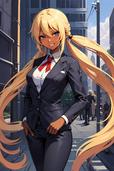 masterpiece, best quality, very detailed illustrations, <lora:Oniblade-15:0.5>, 1girl, solo, long hair, blonde hair, twintails, blue eyes, dark skin, ((business suit)), smile, sexy body, Moscow background