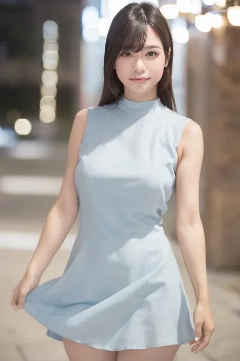 1girl, (wearing a light blue sleeveless dress:1.6),(RAW photo, best quality), (realistic, photo-realistic:1.4), masterpiece, an extremely delicate and beautiful, extremely detailed, 2k wallpaper, Amazing, finely detail, extremely detailed CG unity 8k wallpaper, ultra-detailed, highres, soft light, beautiful detailed girl, extremely detailed eyes and face, beautiful detailed nose, beautiful detailed eyes,cinematic lighting,(in the city at night:2.0),perfect anatomy,(slender body:1.6),laugh,(cowboy shot:1.8),(open eyes:1.4),(look at viewer),(front view:1.0),cinematic angle,(wavy  hair), (brown eyes:1.8),(cleavage:0.8),(standing:1.8), <lora:kasugasakura_lora-01:0.8>