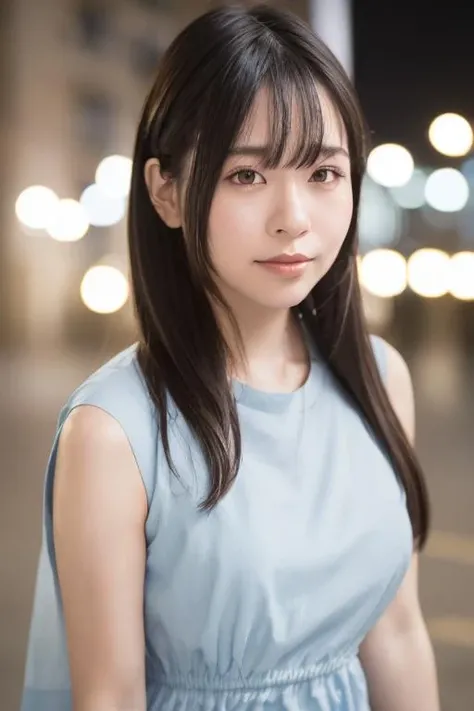 1girl, (wearing a light blue sleeveless cotton dress:1.6),(RAW photo, best quality), (realistic, photo-realistic:1.4), masterpiece, an extremely delicate and beautiful, extremely detailed, 2k wallpaper, Amazing, finely detail, extremely detailed CG unity 8k wallpaper, ultra-detailed, highres, soft light, beautiful detailed girl, extremely detailed eyes and face, beautiful detailed nose, beautiful detailed eyes,cinematic lighting,(in the city at night:2.0),perfect anatomy,(slender body:1.6),laugh,(close up:1.8),(open eyes:1.4),(look at viewer),(front view:1.0),cinematic angle,(wavy  hair), (brown eyes:1.8),(cleavage:0.8),(standing:1.8), <lora:kasugasakura_lora-01:0.8>