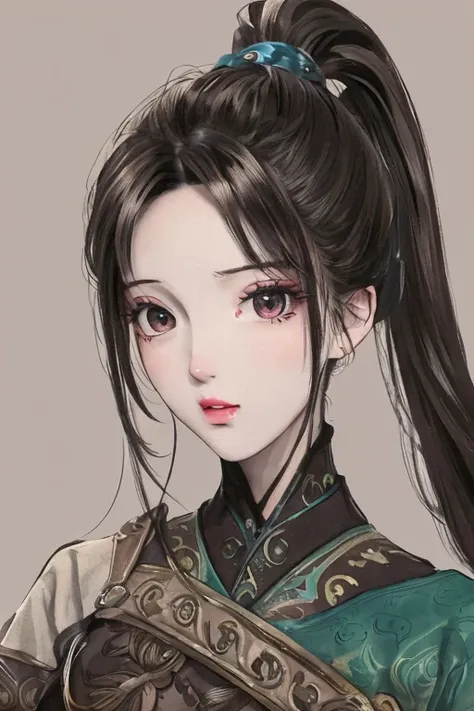 best quality, masterpiece, 1 girl, brown hair, brown eyes,Front, detailed face, beautiful eyes, high ponytail,
<lora:xq:0.6> <lora:moxin:0.6>