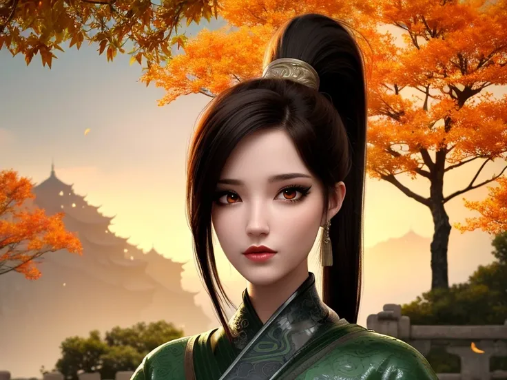 Best quality, masterpiece, 1 girl, brown hair, red eyes, full body portrait, detailed face, beautiful eyes, high ponytail, in autumn ginkgo forest, ancient Chinese architecture, ancient architecture of Tang dynasty, very detailed background<lora:xiaoqingLORA_xiaoqing:0.9>