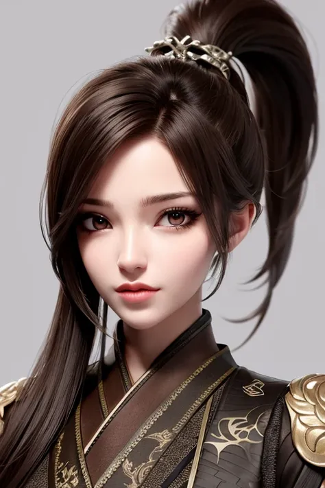 best quality, masterpiece, 1 girl, brown hair, brown eyes,Front, detailed face, beautiful eyes, high ponytail, hanfu, <lora:xq:0.6>