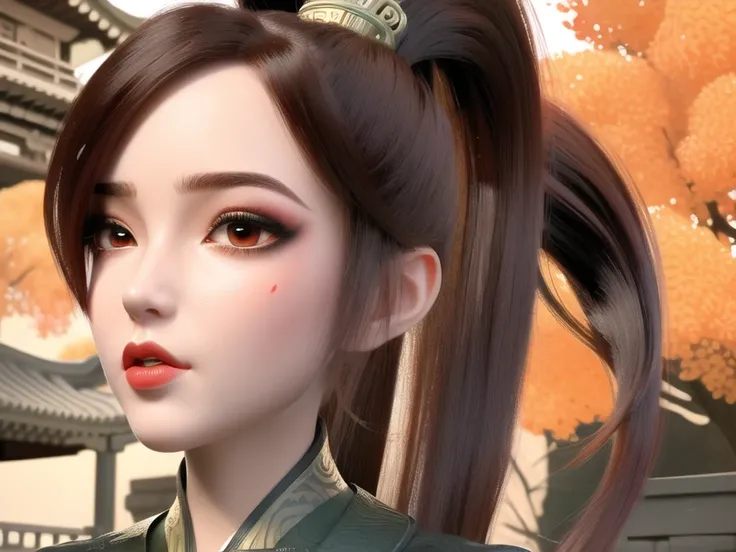 Best quality, masterpiece, 1 girl, brown hair, red eyes, full body portrait, detailed face, beautiful eyes, high ponytail, in autumn ginkgo forest, ancient Chinese architecture, ancient architecture of Tang dynasty, very detailed background<lora:xiaoqingLORA_xiaoqing:0.9>