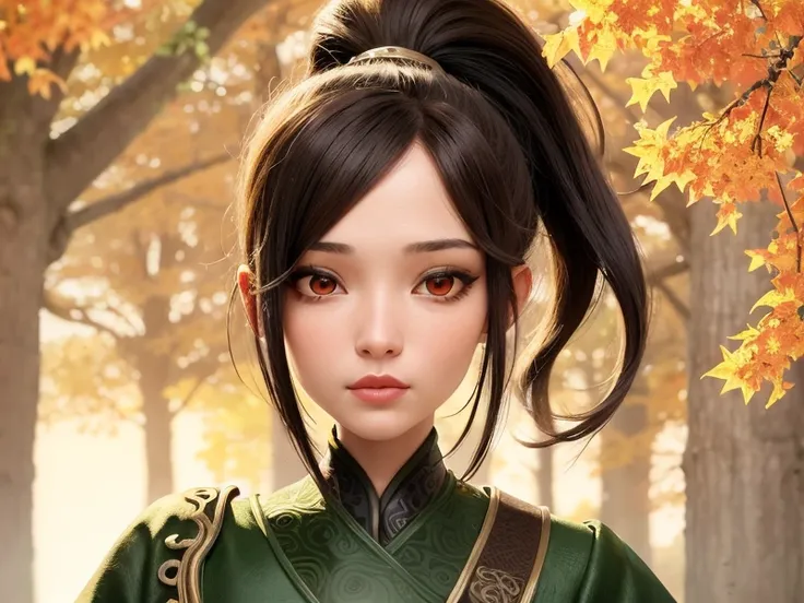 Best quality, masterpiece, 1 girl, brown hair, red eyes, full body portrait, detailed face, beautiful eyes, high ponytail, in autumn ginkgo forest, ancient Chinese architecture, ancient architecture of Tang dynasty, very detailed background<lora:xiaoqingLORA_xiaoqing:0.9>