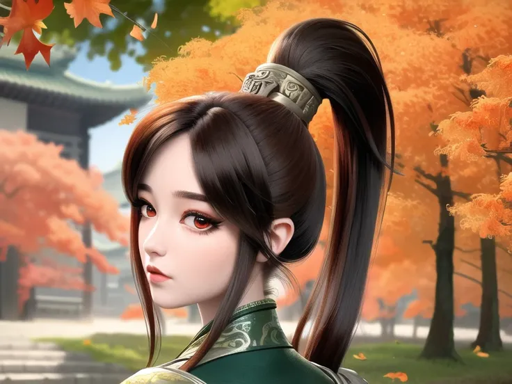Best quality, masterpiece, 1 girl, brown hair, red eyes, full body portrait, detailed face, beautiful eyes, high ponytail, in autumn ginkgo forest, ancient Chinese architecture, ancient architecture of Tang dynasty, very detailed background<lora:xiaoqingLORA_xiaoqing:0.9>