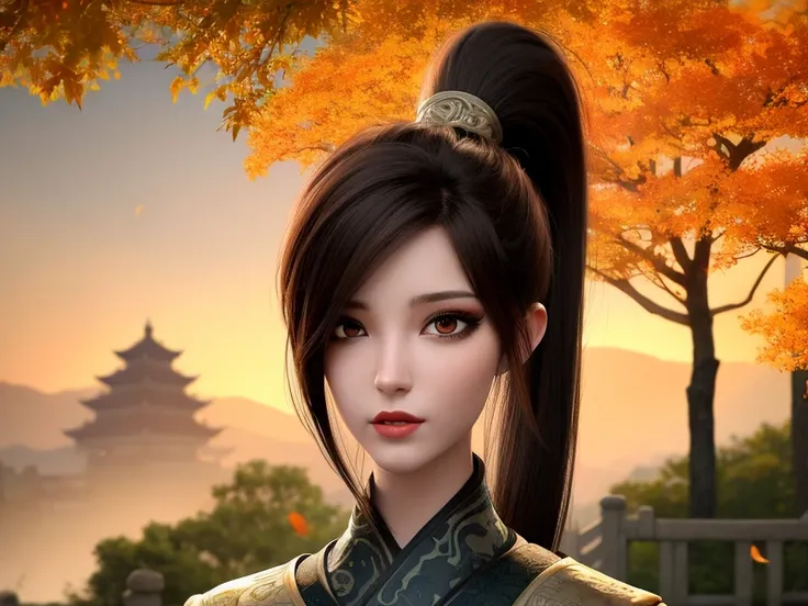 Best quality, masterpiece, 1 girl, brown hair, red eyes, full body portrait, detailed face, beautiful eyes, high ponytail, in autumn ginkgo forest, ancient Chinese architecture, ancient architecture of Tang dynasty, very detailed background<lora:xiaoqingLORA_xiaoqing:0.9>