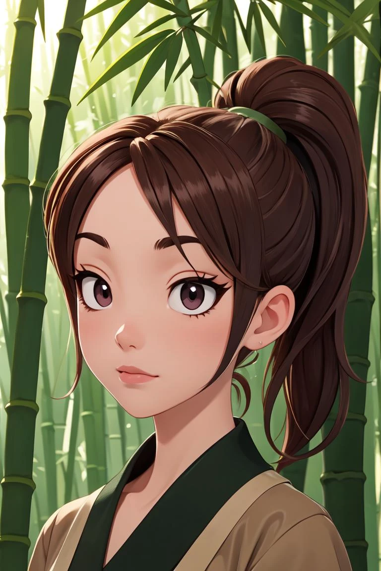 Best quality, masterpiece, 1girl,brown hair,ponytail, solo ,glossy eyes,bamboo forest background,<lora:xq:1>, <lyco:GoodHands-beta2:1>,