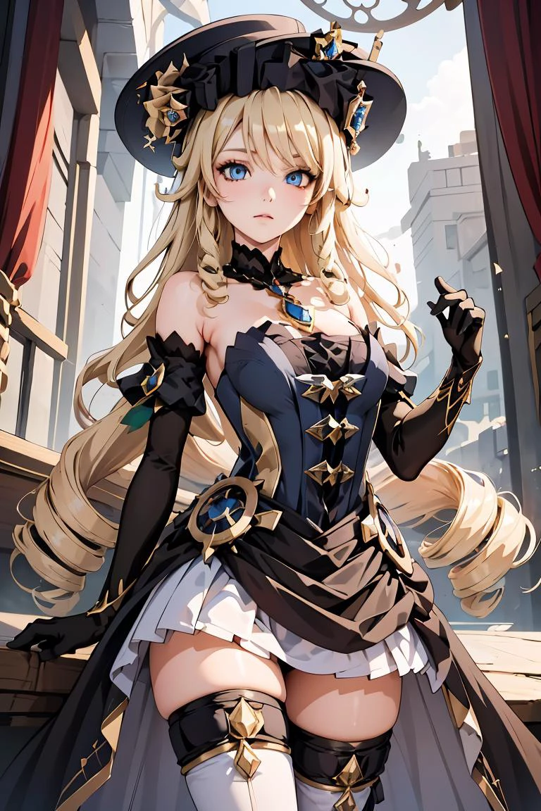 (masterpiece, best quality), 1girl, <lora:navia:1> ,navia,long hair,blonde hair,hat, witch hat,blue eyes,dress,bangs,black headwear,gloves,bare shoulders,flower,jewelry,thighhighs,black gloves,drill hair,detached sleeves,
