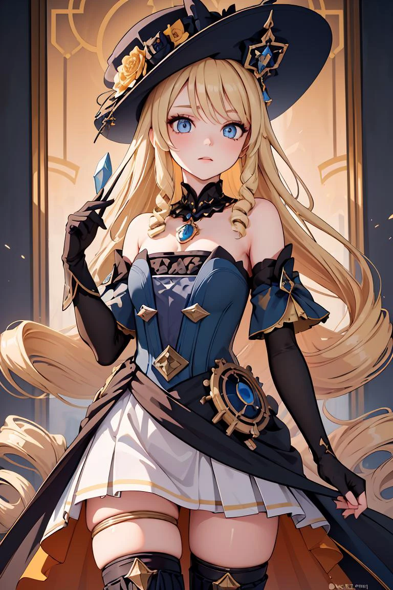 (masterpiece, best quality), 1girl, <lora:navia:1> ,navia,long hair,blonde hair,hat, witch hat,blue eyes,dress,bangs,black headwear,gloves,bare shoulders,flower,jewelry,thighhighs,black gloves,drill hair,detached sleeves,