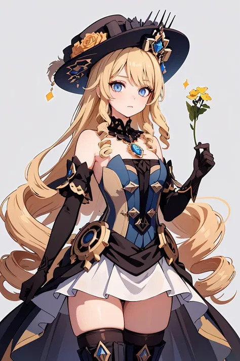 (masterpiece, best quality), 1girl,  <lora:navia:1> ,navia,long hair,blonde hair,hat, witch hat,blue eyes,dress,bangs,black headwear,gloves,bare shoulders,flower,jewelry,thighhighs,black gloves,drill hair,detached sleeves,